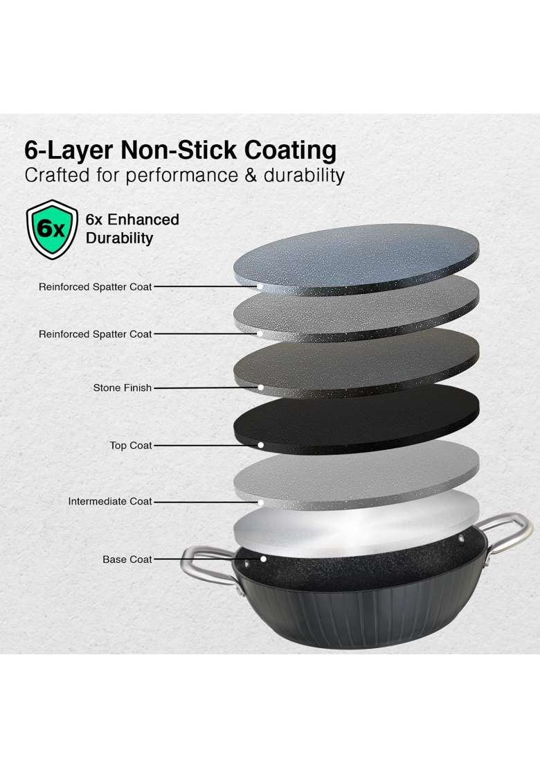 Prestige Durastone Hard Anodised 6 Layer Non-Stick Kadai Wok with Glass Lid | 2.5 L | 2.6 Qt | 24 cm | 9.4 Inch - Indya