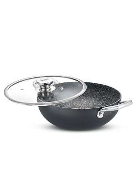 Prestige Durastone Hard Anodised Non-Stick Deep Kadai Wok with Glass Lid | 5 L | 5.3 Qt | 30 cm | 11.8 Inch | Induction Compatible