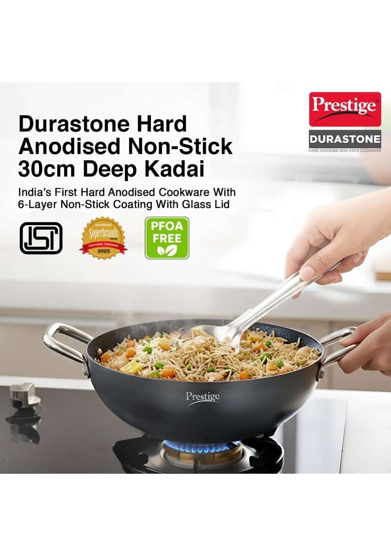 Prestige Durastone Hard Anodised Non-Stick Deep Kadai Wok with Glass Lid | 5 L | 5.3 Qt | 30 cm | 11.8 Inch | Induction Compatible - Indya