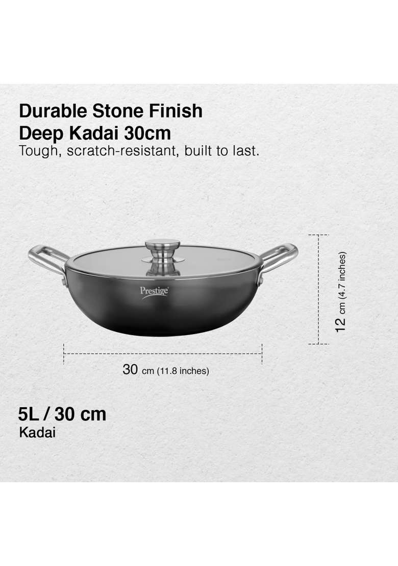 Prestige Durastone Hard Anodised Non-Stick Deep Kadai Wok with Glass Lid | 5 L | 5.3 Qt | 30 cm | 11.8 Inch | Induction Compatible - Indya