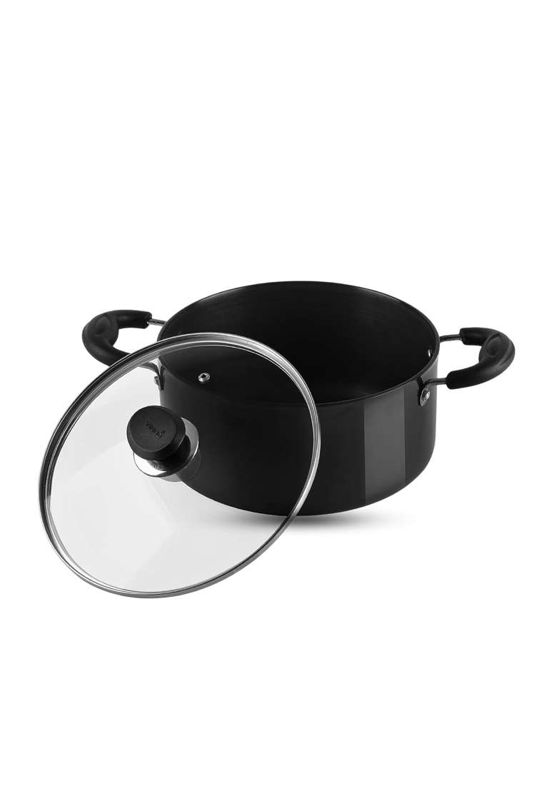 Vinod Black Pearl Hard Anodised Saucepot with Glass Lid | 5 L | 5.3 Qt | 24 cm | 9.4 Inch | Non-Toxic - Indya