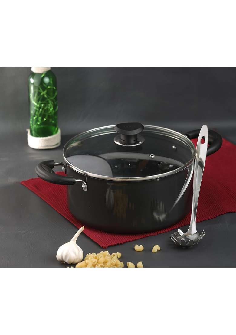 Vinod Black Pearl Hard Anodised Saucepot with Glass Lid | 5 L | 5.3 Qt | 24 cm | 9.4 Inch | Non-Toxic - Indya