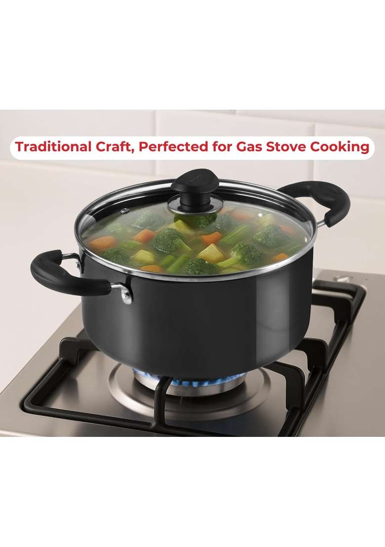 Vinod Black Pearl Hard Anodised Saucepot with Glass Lid | 5 L | 5.3 Qt | 24 cm | 9.4 Inch | Non-Toxic - Indya