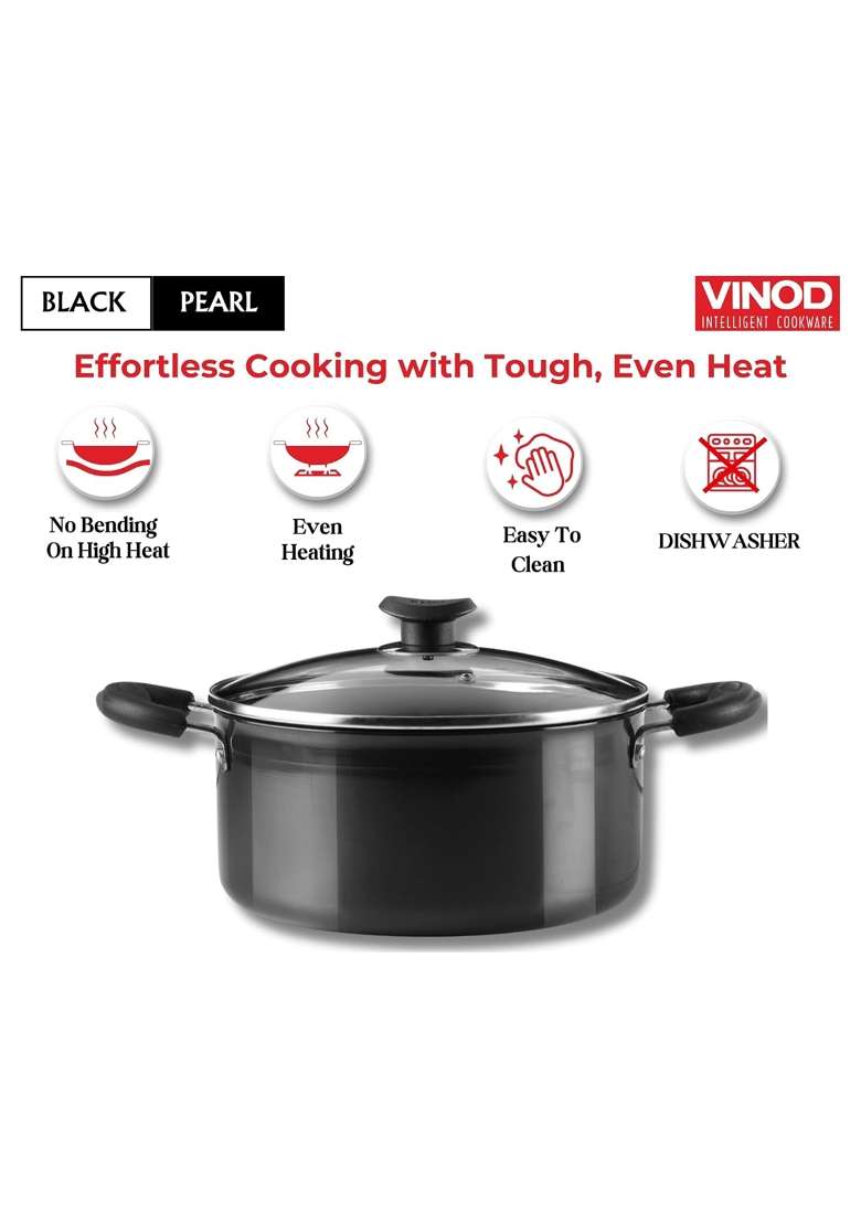 Vinod Black Pearl Hard Anodised Saucepot with Glass Lid | 5 L | 5.3 Qt | 24 cm | 9.4 Inch | Non-Toxic - Indya