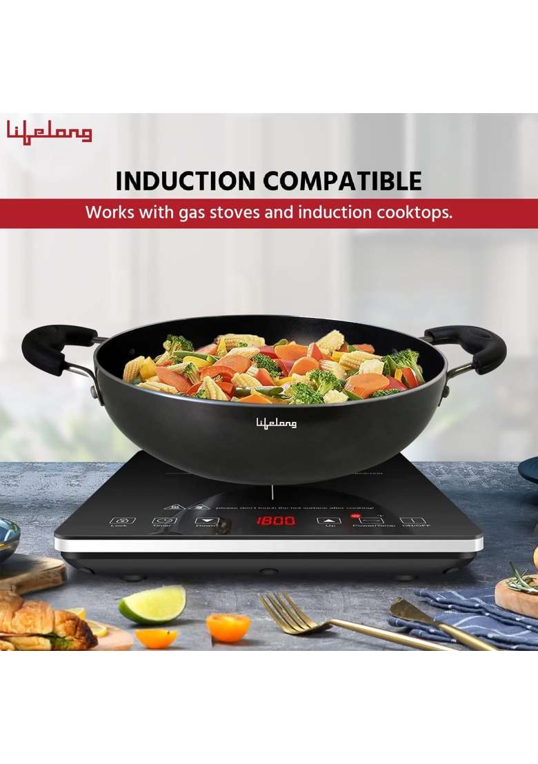 Lifelong Non-Stick Frying Kadai Wok with Glass Lid | 3.2 L | 3.4 Qt | 26 cm | 10.2 Inch | Induction Compatible - Indya