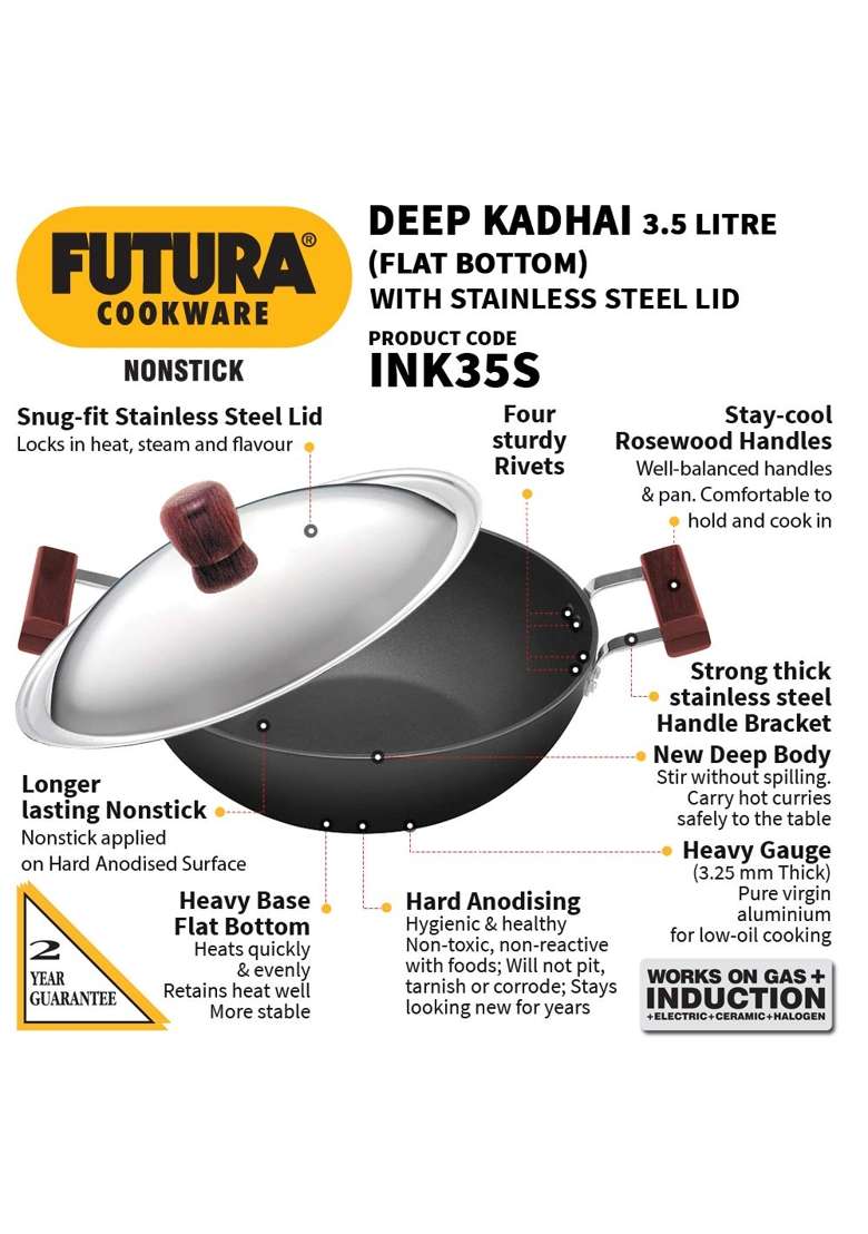 Hawkins Futura Deep Kadhai Wok | 3.5 L | 3.7 Qt | Induction Compatible | Non-Stick | With Lid - Indya