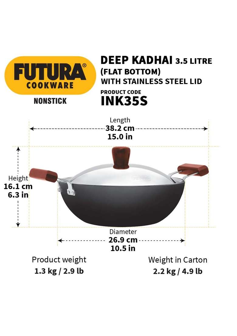 Hawkins Futura Deep Kadhai Wok | 3.5 L | 3.7 Qt | Induction Compatible | Non-Stick | With Lid - Indya