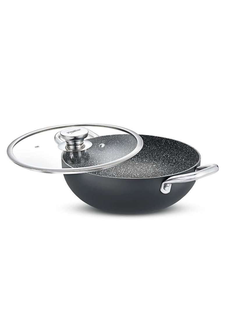 Prestige Durastone Hard Anodised Non-stick Deep Kadai Wok | 3 L | 3.2 Qt | 24 cm | 9.4 Inch | Induction Compatible | With Lid - Indya