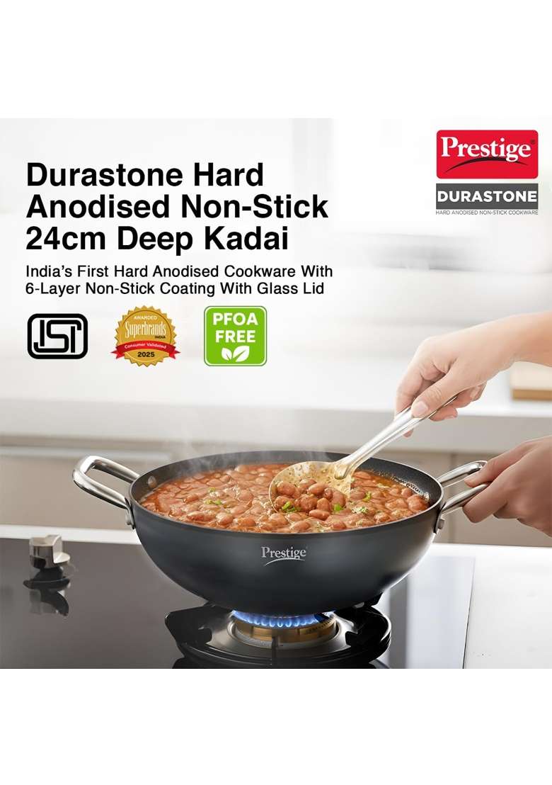 Prestige Durastone Hard Anodised Non-stick Deep Kadai Wok | 3 L | 3.2 Qt | 24 cm | 9.4 Inch | Induction Compatible | With Lid - Indya