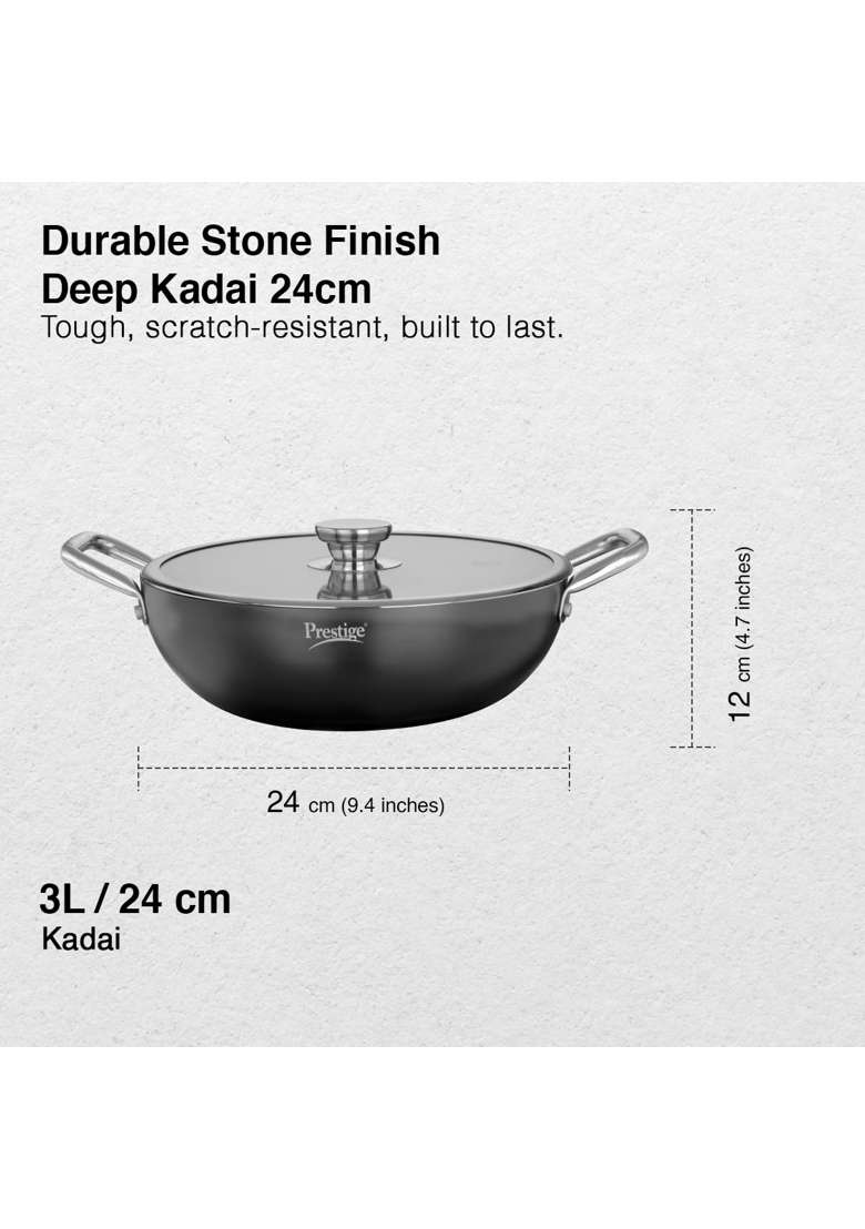 Prestige Durastone Hard Anodised Non-stick Deep Kadai Wok | 3 L | 3.2 Qt | 24 cm | 9.4 Inch | Induction Compatible | With Lid - Indya