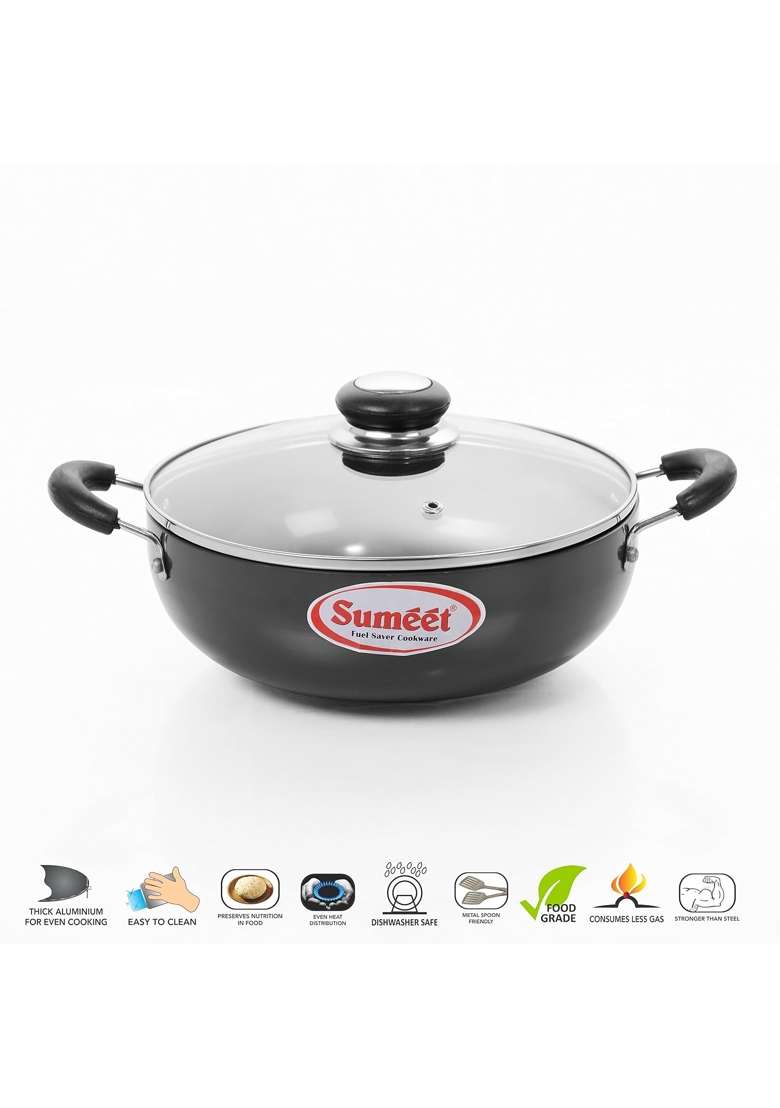 Sumeet Hardanodised Deep Kadhai Wok with Glass Lid. No. | 1 L | 1.1 Qt | 18 cm | 7.1 Inch - Indya