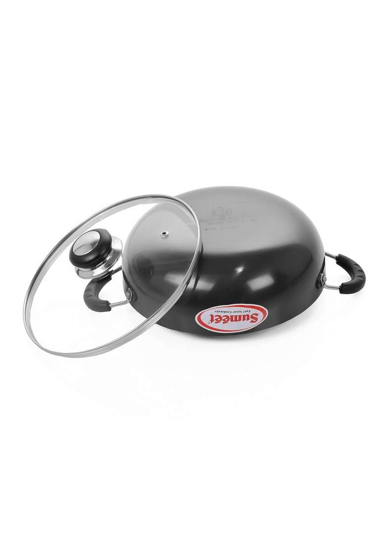 Sumeet Hardanodised Deep Kadhai Wok with Glass Lid. No. | 1 L | 1.1 Qt | 18 cm | 7.1 Inch - Indya