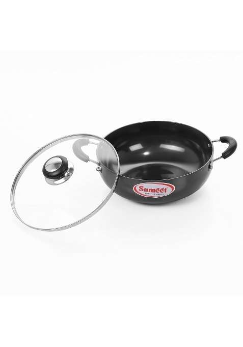 Sumeet Hardanodised Deep Kadhai Wok with Glass Lid. No. | 1 L | 1.1 Qt | 18 cm | 7.1 Inch