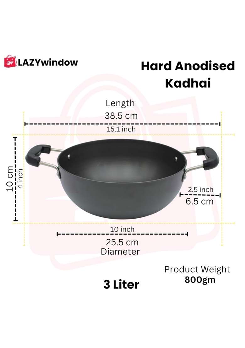LAZYwindow Hard Anodised Kadai Wok | 3 L | 3.2 Qt | 25.5 cm | 10 Inch | Non-Stick - Indya