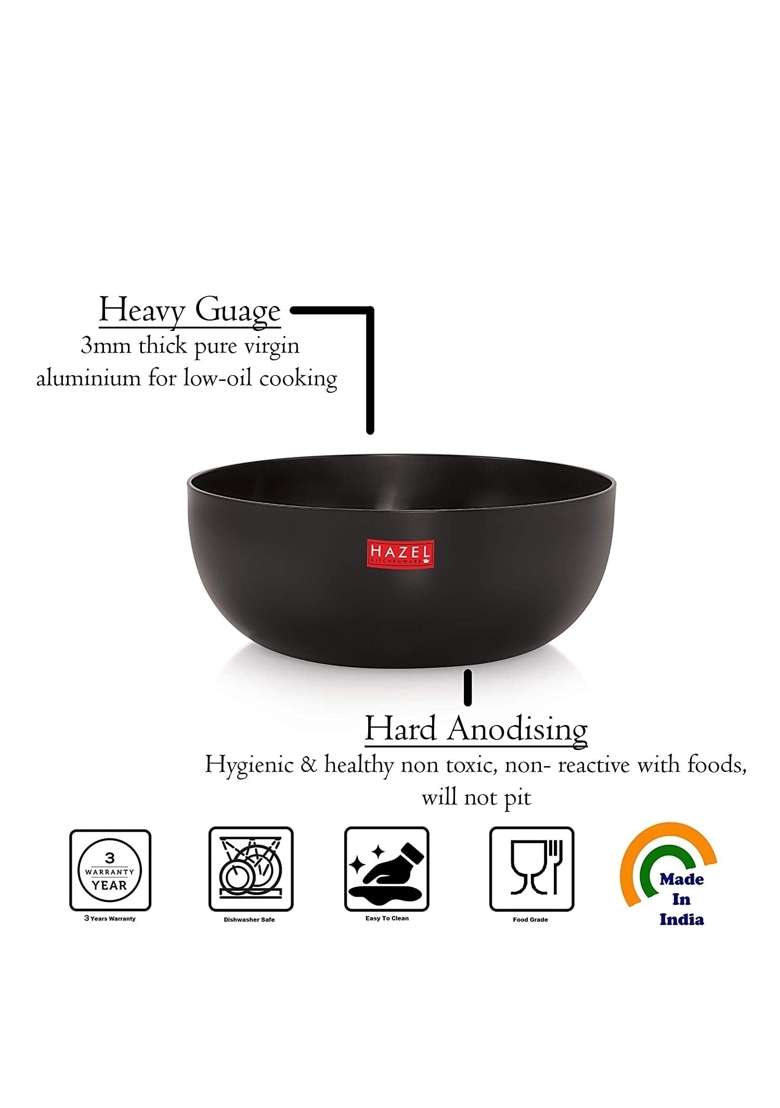 HAZEL Hard Anodized Kadhai Wok Without Handle I Aluminium Cookware | 2500 ml | 84.5 fl oz | Non-Toxic - Indya