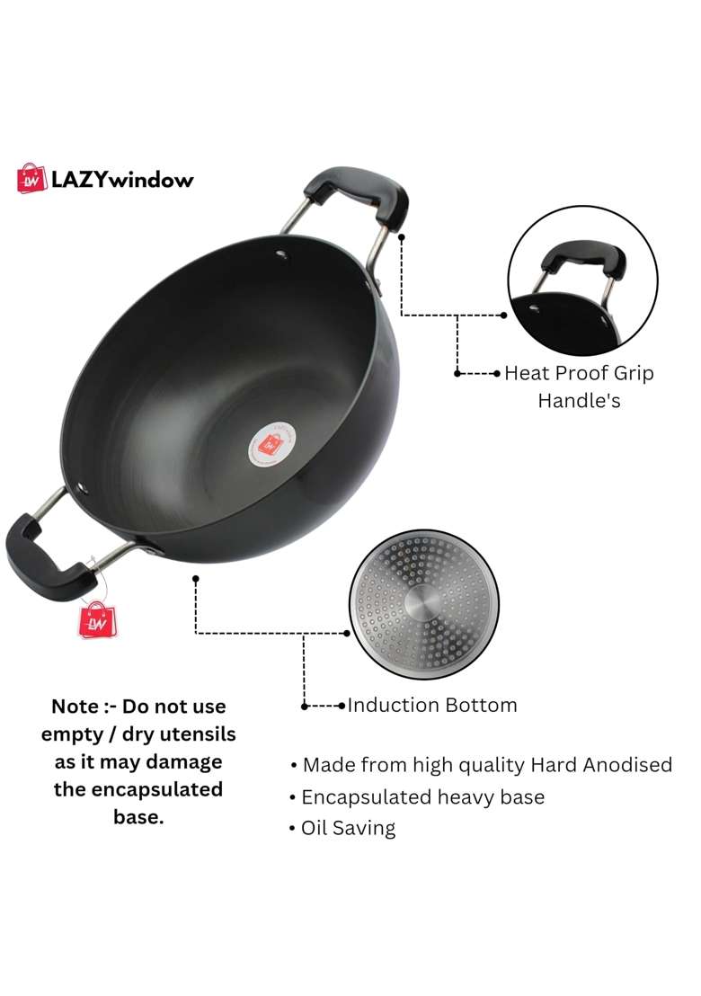 LAZYwindow Hard Anodised Kadhai Wok | 3 L | 3.2 Qt | 25.5 cm | 10 Inch - Indya