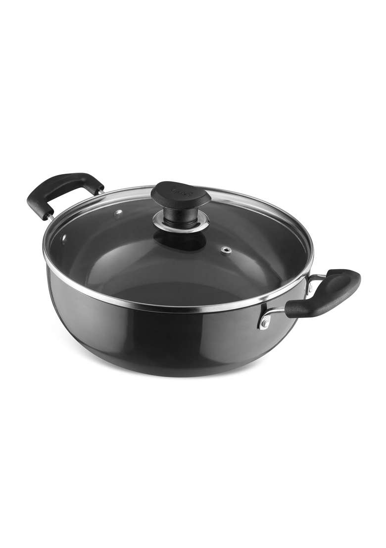 Vinod Black Pearl Plus Hard Anodised Deep Kadhai Wok with Lid | 5.5 L | 5.8 Qt | 28 cm | 11 Inch | Induction Compatible - Indya