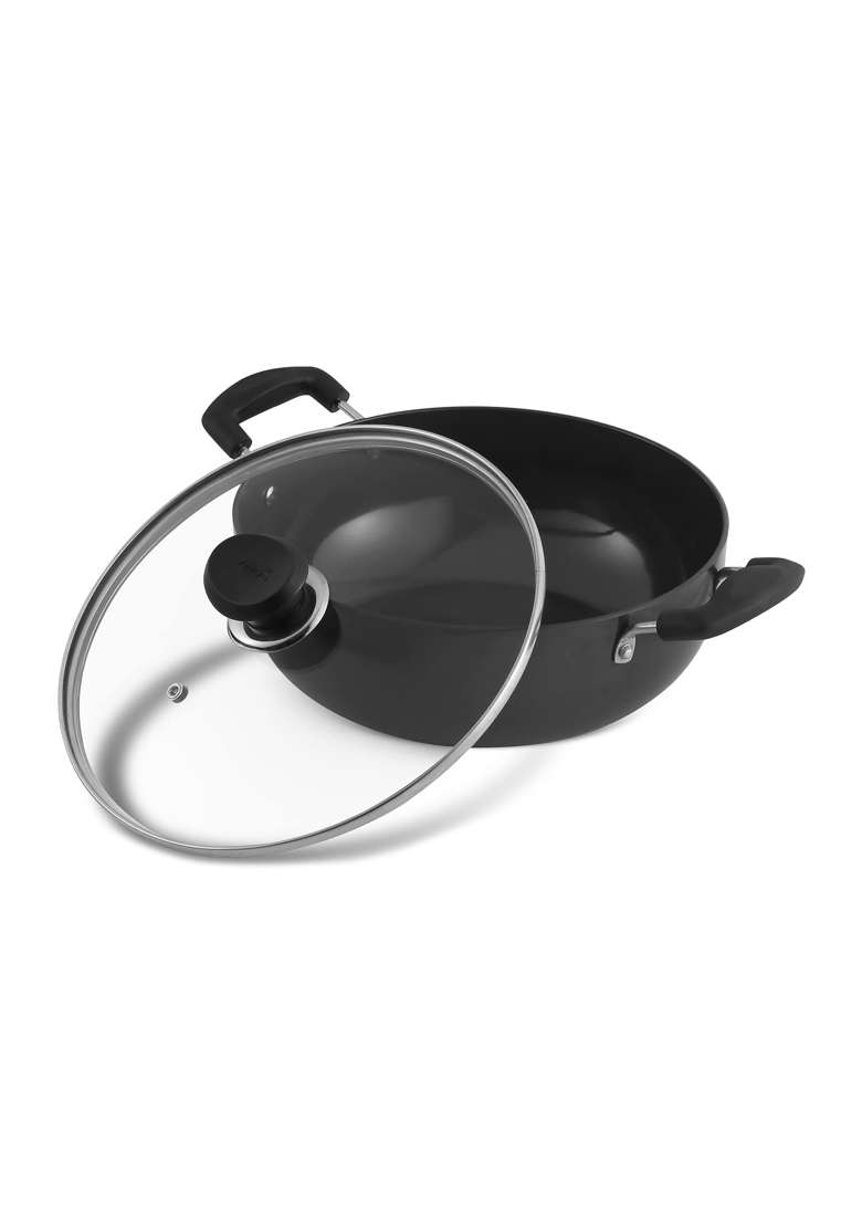 Vinod Black Pearl Plus Hard Anodised Deep Kadhai Wok with Lid | 5.5 L | 5.8 Qt | 28 cm | 11 Inch | Induction Compatible - Indya