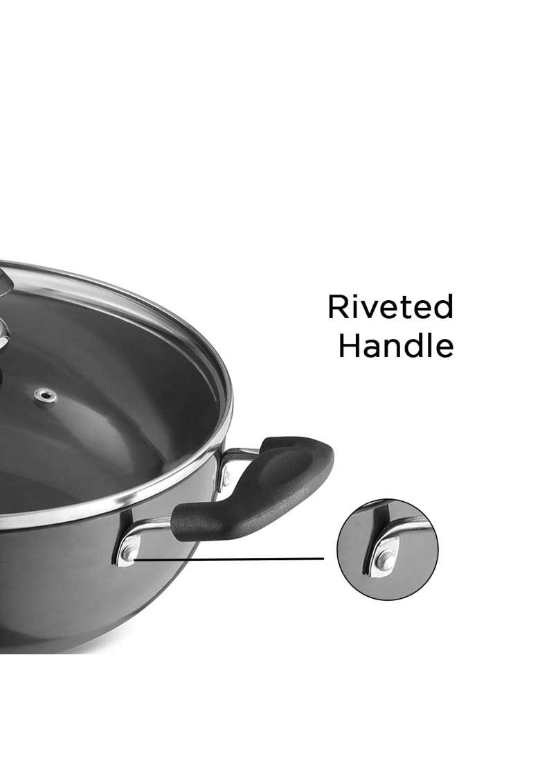 Vinod Black Pearl Plus Hard Anodised Deep Kadhai Wok with Lid | 5.5 L | 5.8 Qt | 28 cm | 11 Inch | Induction Compatible - Indya