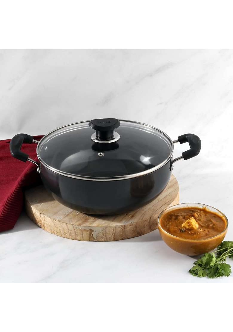 Vinod Black Pearl Plus Hard Anodised Deep Kadhai Wok with Lid | 5.5 L | 5.8 Qt | 28 cm | 11 Inch | Induction Compatible - Indya