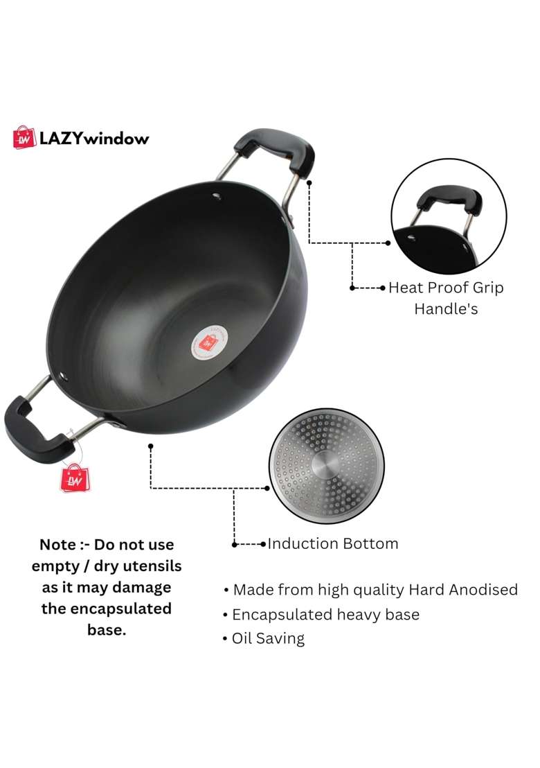 LAZYwindow Hard Anodised Kadhai Wok | 3 L | 3.2 Qt | 25.5 cm | 10 Inch | Induction Compatible - Indya