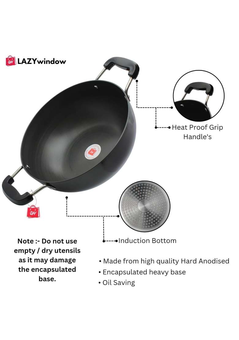 LAZYwindow Hard Anodised Nonstick Kadhai Wok | 3 L | 3.2 Qt | 25.5 cm | 10 Inch - Indya