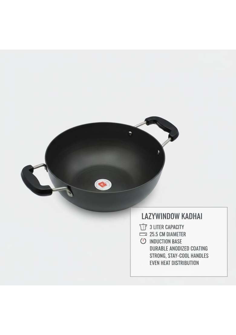 LAZYwindow Hard Anodised Kadhai Wok | 3 L | 3.2 Qt | 25.5 cm | 10 Inch | Non-Stick - Indya