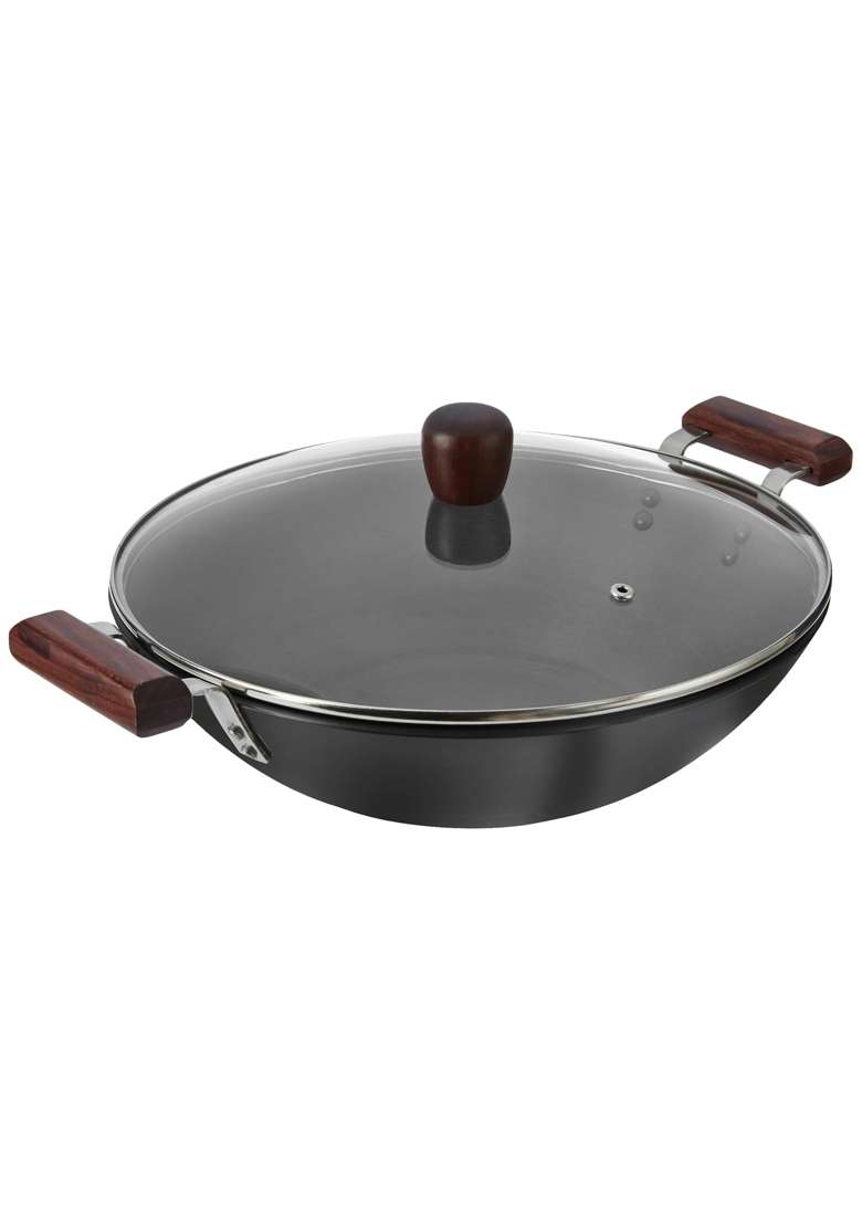 Solimo Amazon Brand Solimo Hard Anodized Aluminium Kadhai Wok with Induction Base | 30 cm | 11.8 Inch - Indya