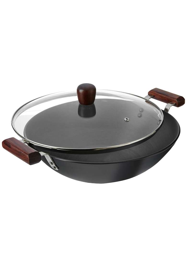 Solimo Amazon Brand Solimo Hard Anodized Aluminium Kadhai Wok with Induction Base | 30 cm | 11.8 Inch - Indya