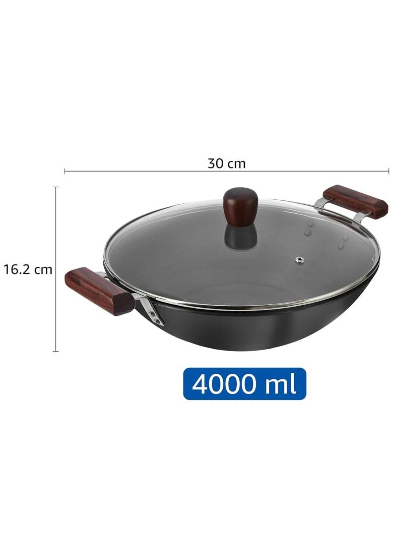 Solimo Amazon Brand Solimo Hard Anodized Aluminium Kadhai Wok with Induction Base | 30 cm | 11.8 Inch - Indya