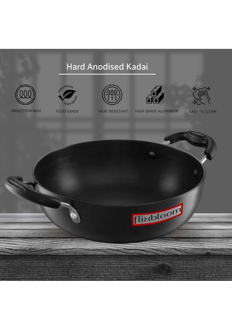 FLIXBLOOM Cosmic Black Hard Anodised Induction Base and Gas Stovetop Compatible Cookware | 2 L | 2.1 Qt | With Lid - Indya