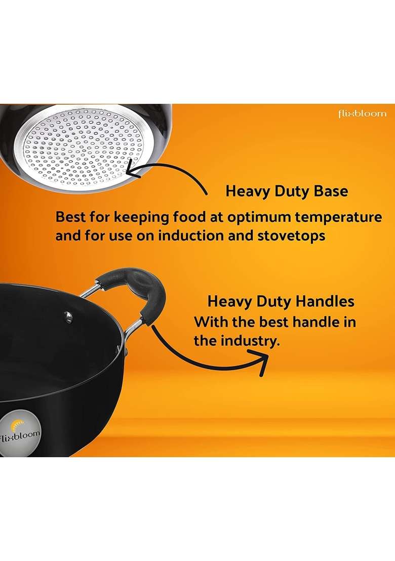 FLIXBLOOM Urban Black Hard Anodised Thick Induction Base Bottom and LPG Friendly Deep | 2 L | 2.1 Qt - Indya
