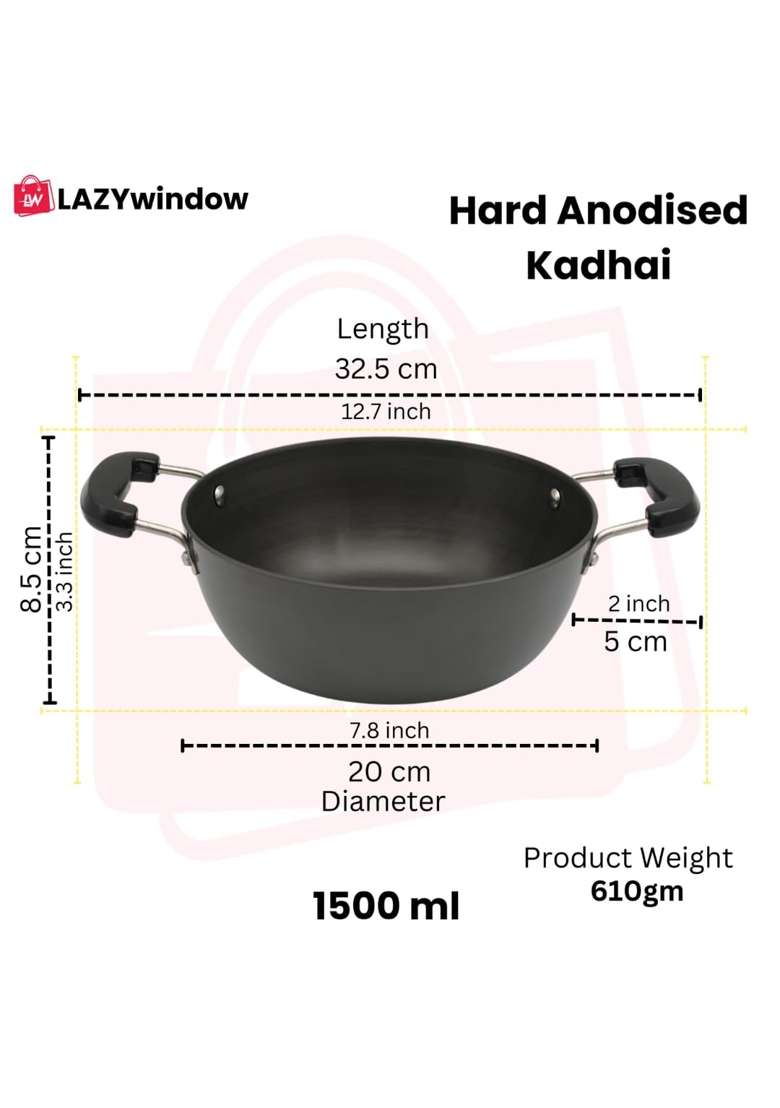 LAZYwindow Hard Anodised Kadhai Wok | 1.5 L | 1.6 Qt | 20 cm | 7.9 Inch | Induction Compatible - Indya
