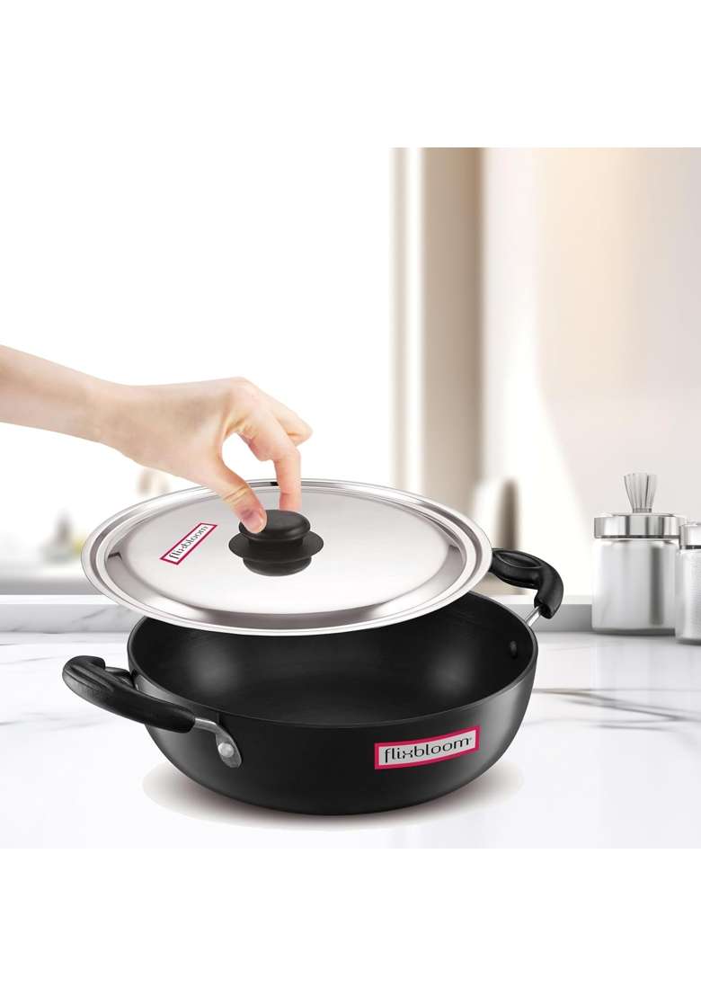 FLIXBLOOM Urban Black Hard Anodised Thick Induction Base Bottom and LPG Friendly Deep | 3 L | 3.2 Qt - Indya