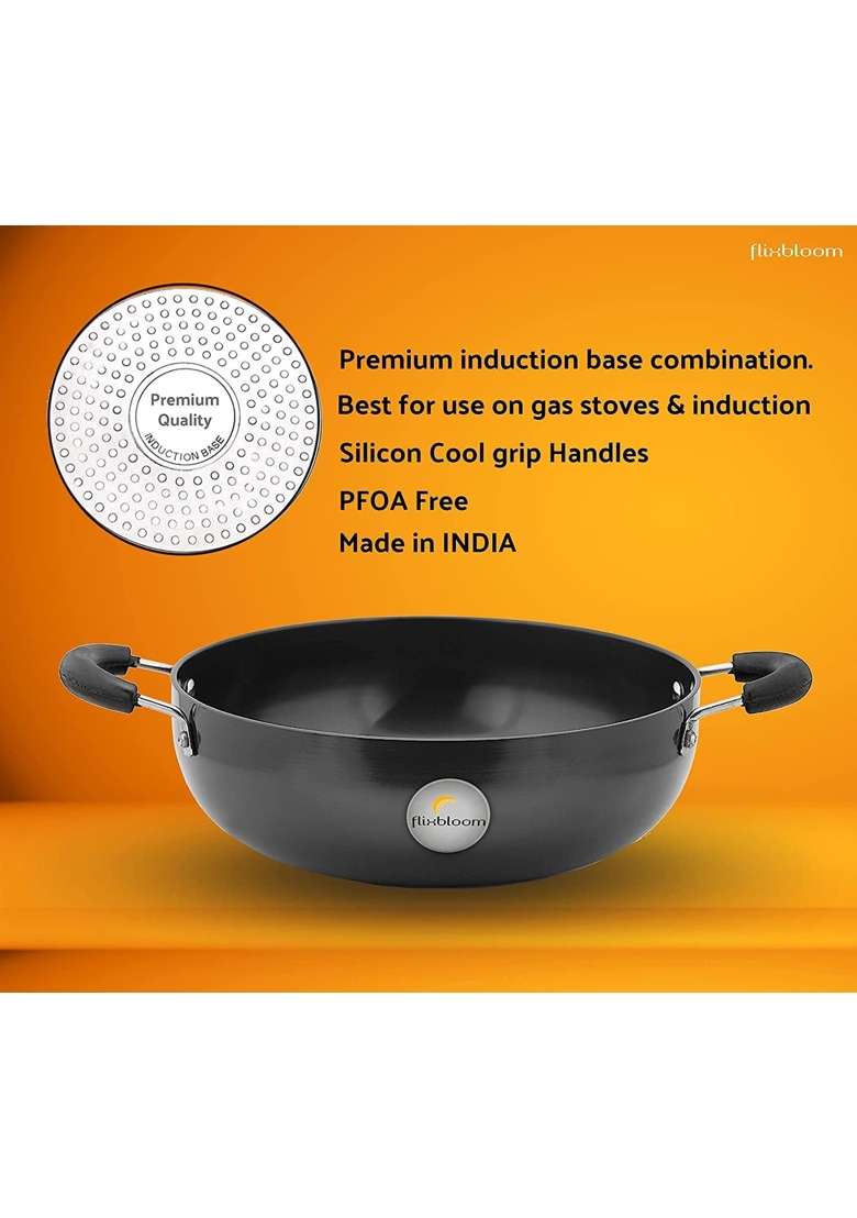 FLIXBLOOM Hard Anodised Kadhai Wok | 2.5 L | 2.6 Qt | Induction Compatible | Non-Toxic | Food Safe - Indya