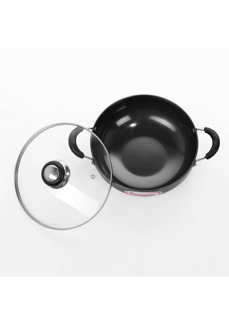 Sumeet Hard Anodised Aluminum Deep Kadhai Wok with Glass Lid. No. | 2 L | 2.1 Qt | 22.3 cm | 8.8 Inch - Indya