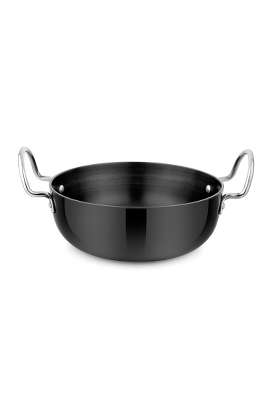 SPC Antique Finish Wrought Aluminium Hard Anodised Deep Kadhai Wok Flat Bottom Kadhai | 1 L | 1.1 Qt