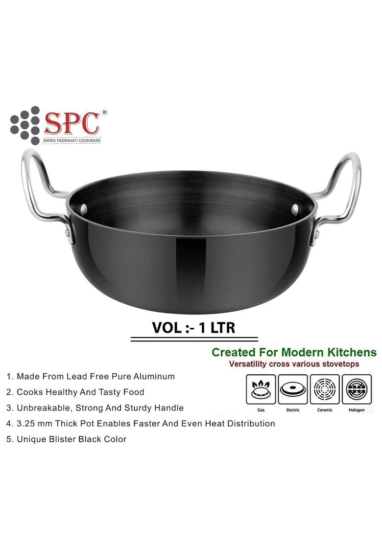 SPC Antique Finish Wrought Aluminium Hard Anodised Deep Kadhai Wok Flat Bottom Kadhai | 1 L | 1.1 Qt - Indya