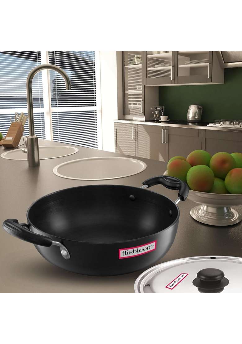 FLIXBLOOM Majestic Hard Anodised Induction Base Cookware and LPG Friendly Black Cooking | 5.5 L | 5.8 Qt | With Lid - Indya
