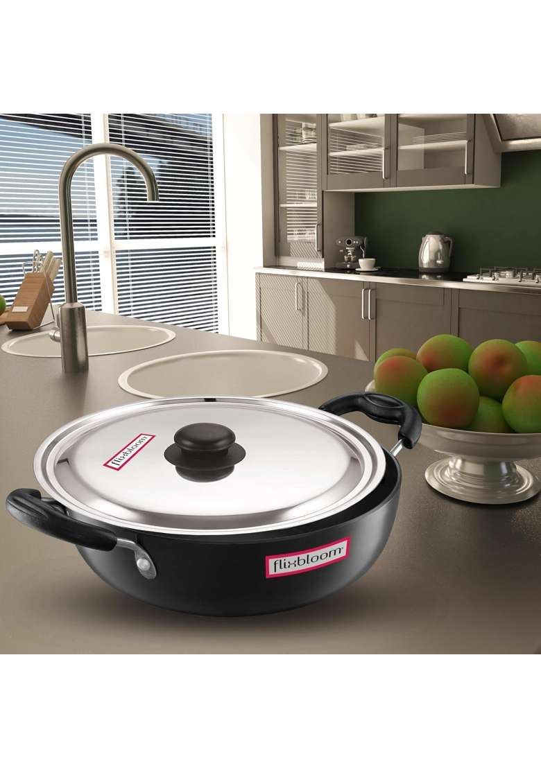 FLIXBLOOM Majestic Hard Anodised Induction Base Cookware and LPG Friendly Black Cooking | 5.5 L | 5.8 Qt | With Lid - Indya