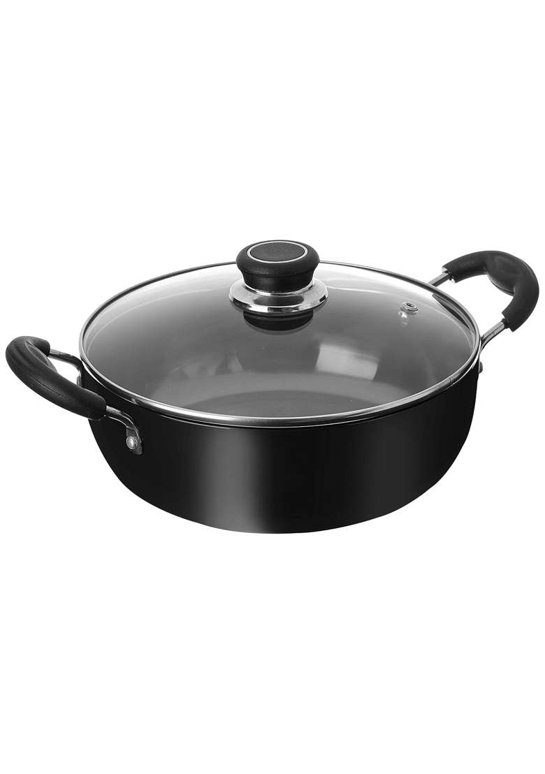 Solimo Amazon Brand Solimo Hard Anodized Aluminium Deep Kadhai Wok and Hard Anodized | 1.5 L | 1.6 Qt | 28 cm | 11 Inch | Non-Stick - Indya