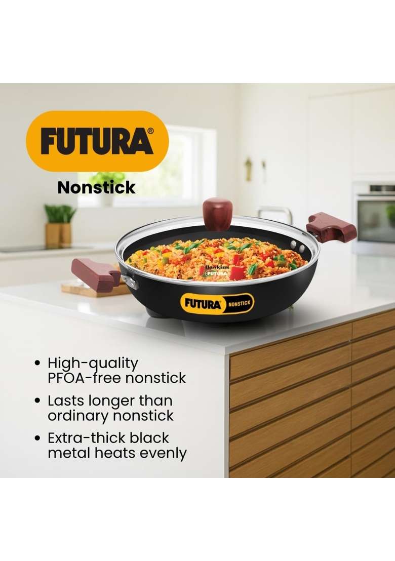 Hawkins Futura Shallow Kadhai Wok | 2.5 L | 2.6 Qt | Induction Compatible | Non-Stick | With Lid - Indya