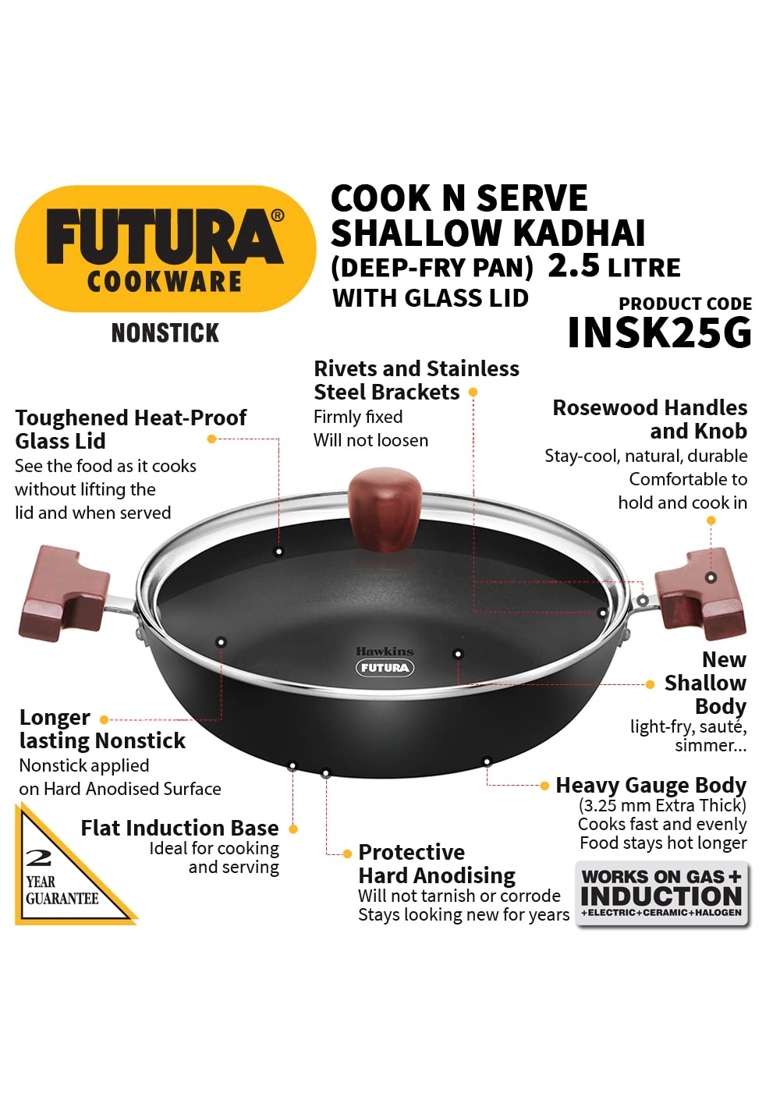 Hawkins Futura Shallow Kadhai Wok | 2.5 L | 2.6 Qt | Induction Compatible | Non-Stick | With Lid - Indya