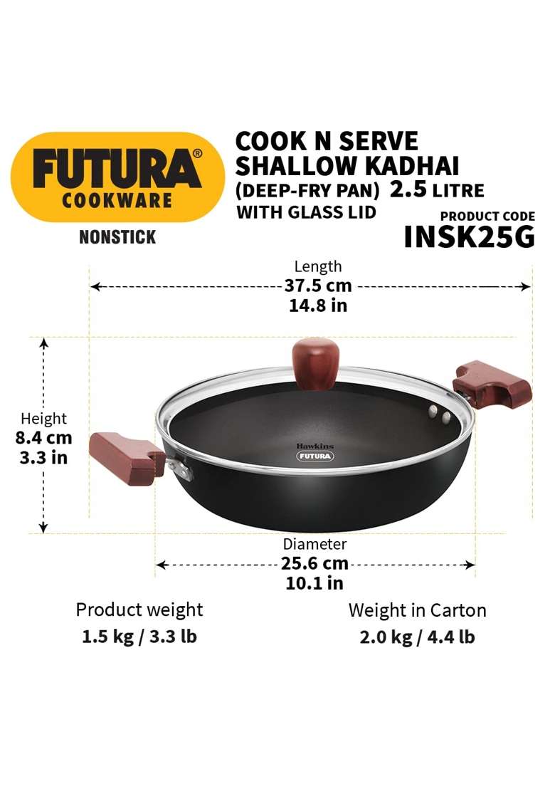 Hawkins Futura Shallow Kadhai Wok | 2.5 L | 2.6 Qt | Induction Compatible | Non-Stick | With Lid - Indya