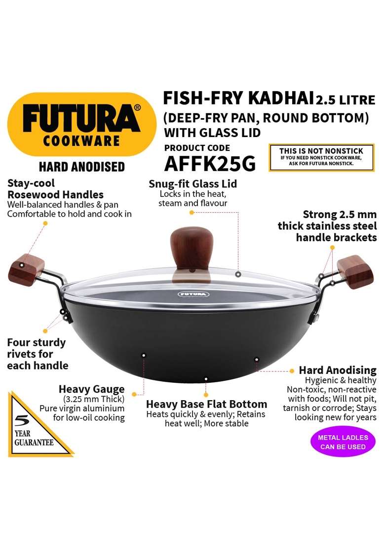 Hawkins Futura Hard Anodised Aluminium Deep Fry Pan | 2.5 L | 2.6 Qt | 22 cm | 8.7 Inch | With Lid - Indya