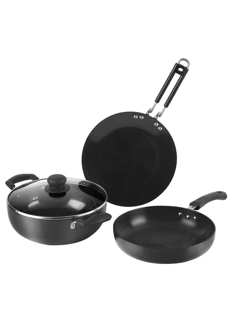 Vinod Black Pearl Hard Anodised Cookware | 3 L | 3.2 Qt | 24 cm | 9.4 Inch | 3-Piece Set | Induction Compatible - Indya