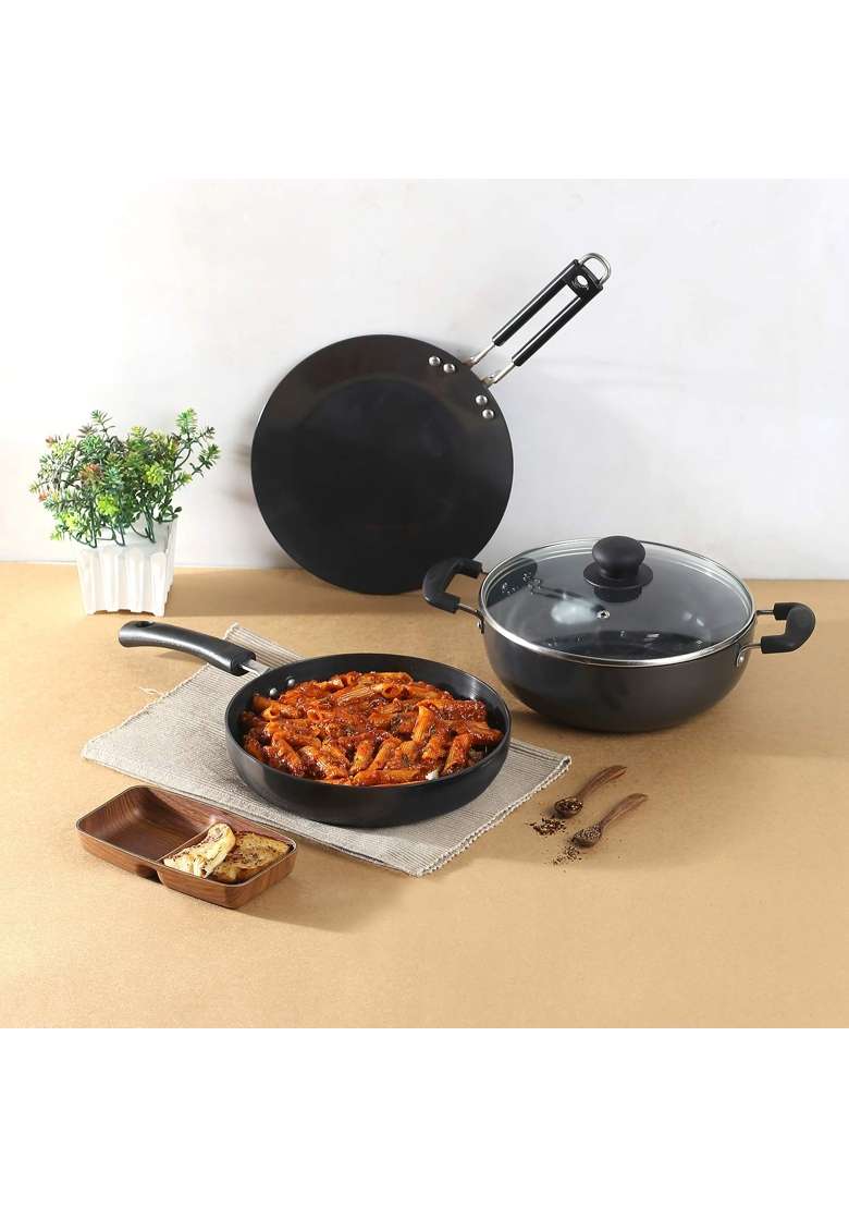 Vinod Black Pearl Hard Anodised Cookware | 3 L | 3.2 Qt | 24 cm | 9.4 Inch | 3-Piece Set | Induction Compatible - Indya