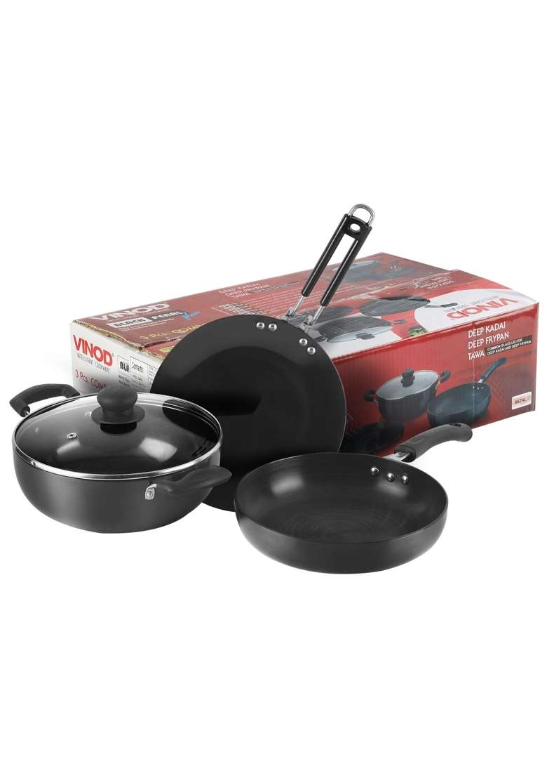 Vinod Black Pearl Hard Anodised Cookware | 3 L | 3.2 Qt | 24 cm | 9.4 Inch | 3-Piece Set | Induction Compatible - Indya