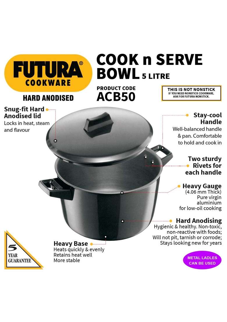 Hawkins Futura Hard Anodised Cook-N-Serve Bowl | 5 L | 5.3 Qt | 30 cm | 11.8 Inch | Non-Stick | With Lid - Indya