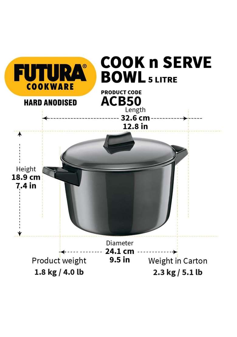 Hawkins Futura Hard Anodised Cook-N-Serve Bowl | 5 L | 5.3 Qt | 30 cm | 11.8 Inch | Non-Stick | With Lid - Indya